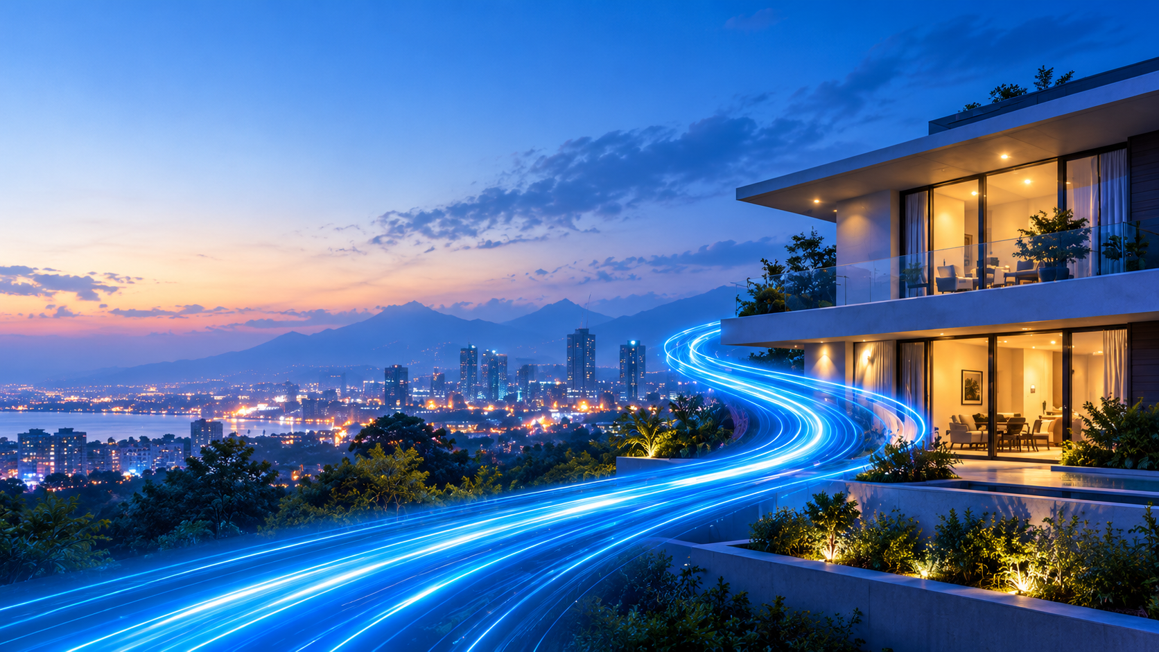 Modern connected home overlooking a city at dusk